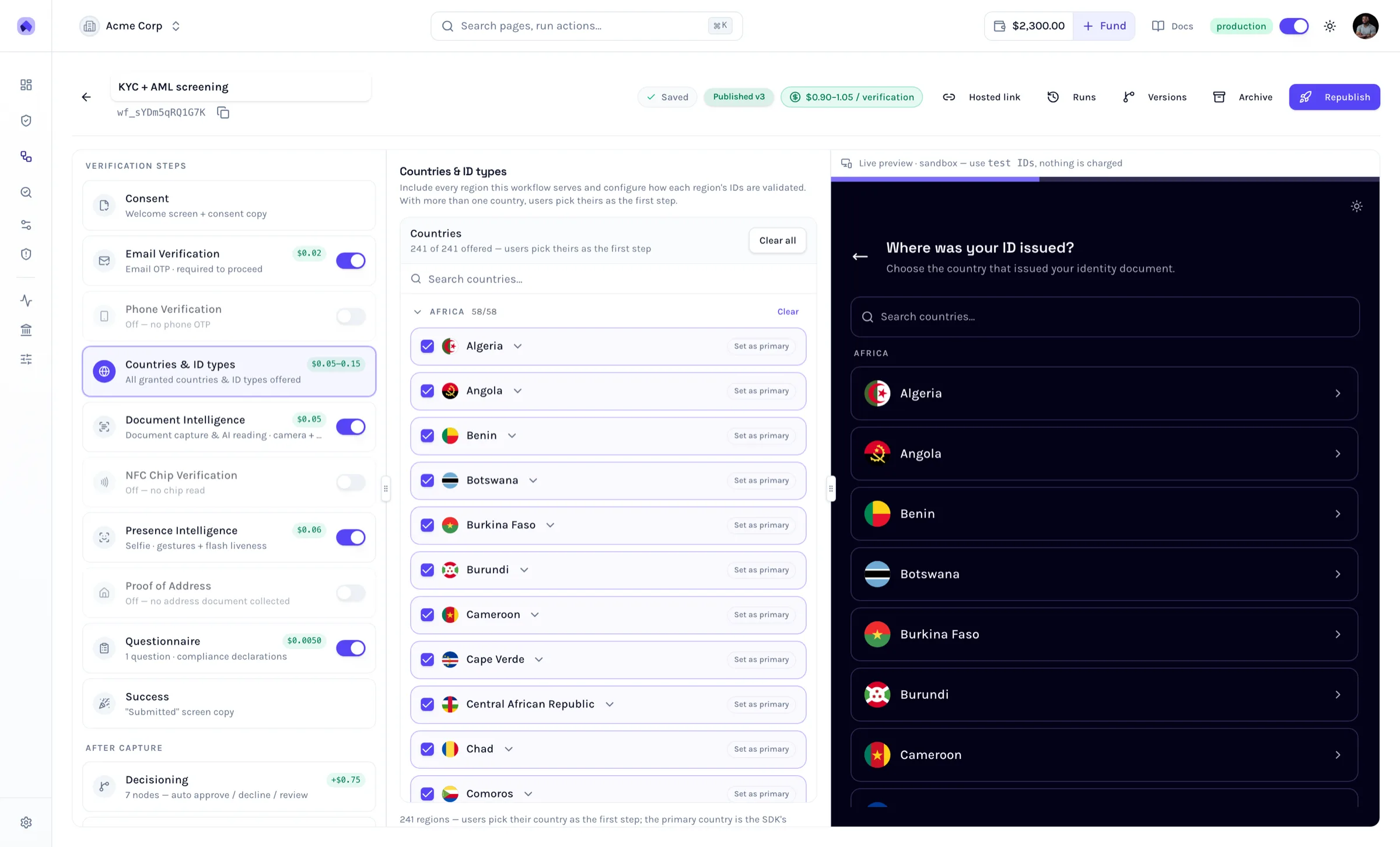Workflow builder — verification steps, countries & ID types, and the live SDK preview